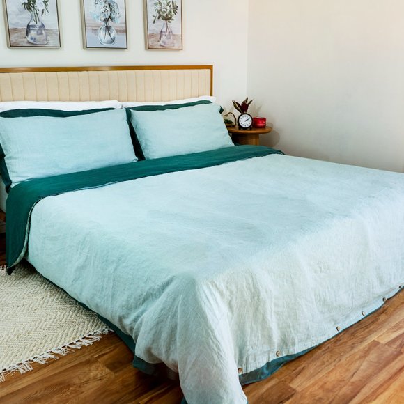 Sweet Palms-100% French Linen European Style Duvet Cover Set (Green, Queen Size) - Picture 3 of 9